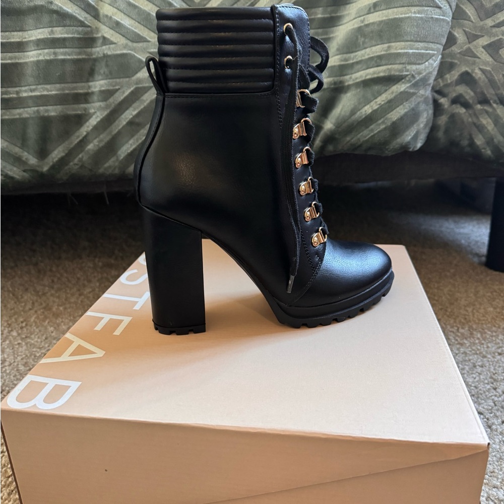 JustFab Shandee Black Lace-Up High Heel Boots - Picture 2 of 5